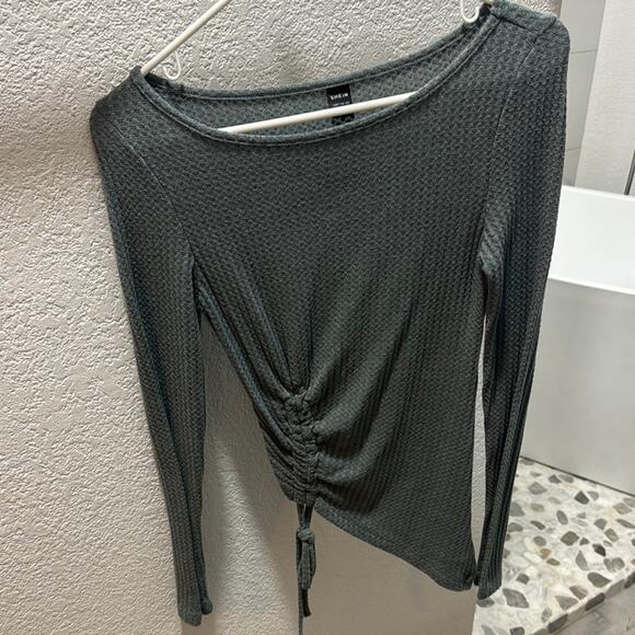 SHEIN Gray Ribbed Ruched Tie Front Blouse - Picture 1 of 3